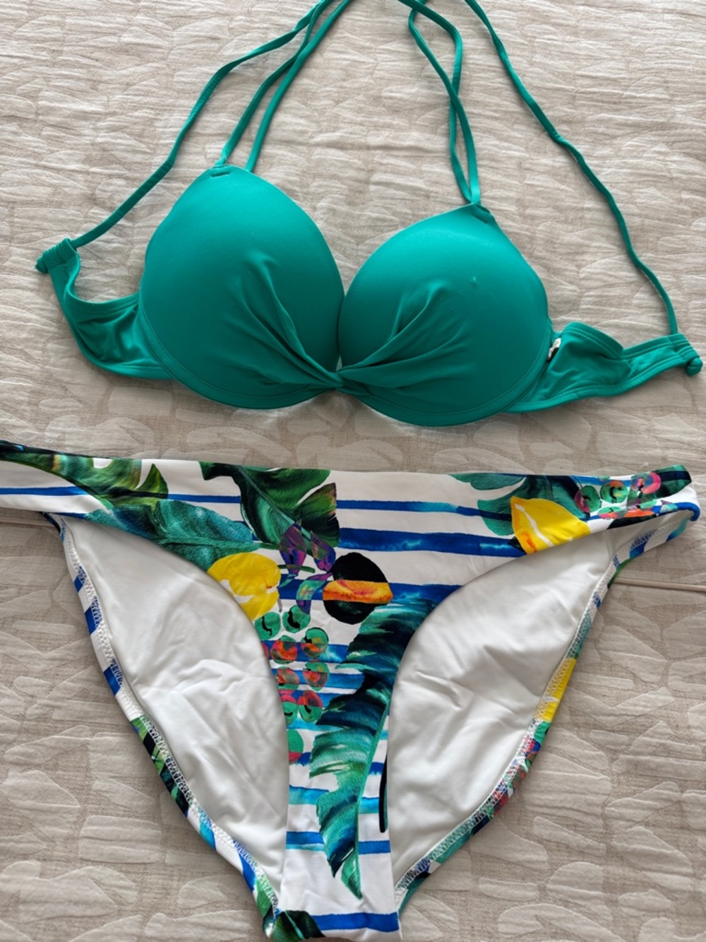Aqua Emerald Halter Push-Up Bikini with Tropical Stripe Bottom
